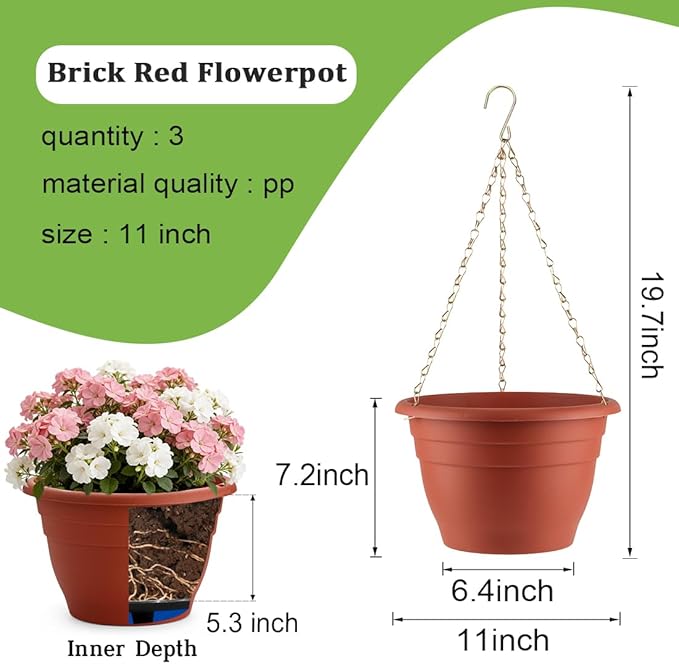 Hanging Planters 11 Inch, 3 Pcs Flower Pots with Drainage Hole, Self Watering Hanging Basket for Indoor Outdoor Plants, Decor, Pottery Red