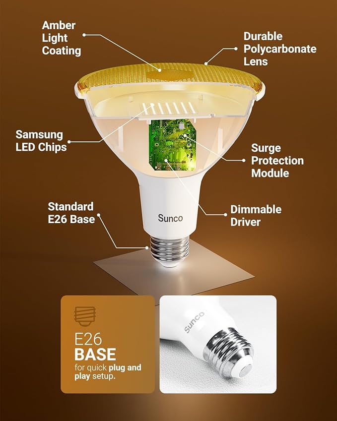 Sunco LED Yellow Bug Light Bulbs Outdoor PAR38 Bug Repellent Light for Porch, Backyard, Outside, 13W=90W, 2000K Amber Glow, Dimmable, 1050 LM, E26, Wet Rated, Instant On, Flicker Free ETL 4 Pack.