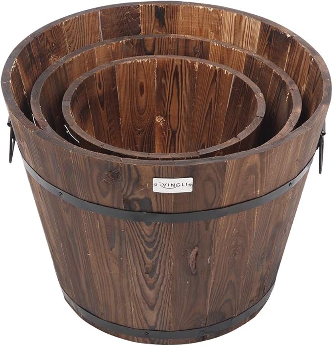 VINGLI 3 PCS Large Wooden Planter Barrel Set, 11.5"(Dia)- 18"(Dia) Real Wood Indoor/Outdoor Flower Pot w/Drainage Holes, Different Sizes, Large Garden Container Box