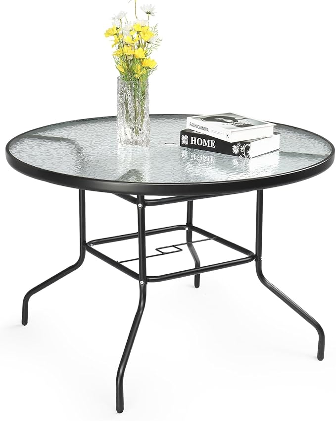 VINGLI Round Patio Table with Umbrella Hole, 40" Outdoor Dining Table Steel Tempered Glass Patio Tables Round Outdoor Tables for Balcony Garden Deck