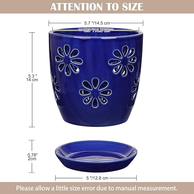 Oairse 6 inch Orchid Pots with Holes, Royal Blue Ceramic Orchid Pot for Repotting Small Indoor Plant Pots with Drainage Holes and Saucers Decorative Flower Planter for Orchids, Indoor Plant