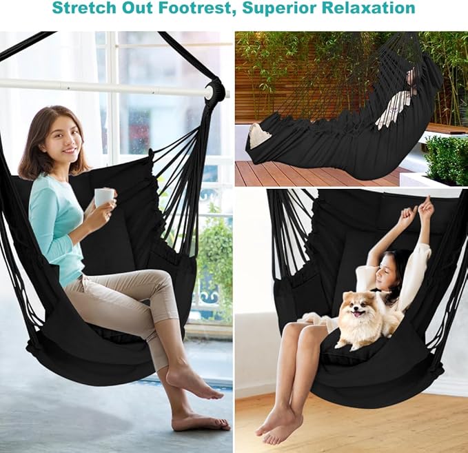 Outerman Hammock Chair, Hanging Chair with 3 Cushions and Foot Rest Support, Sturdy Metal Spreader Bar Max 500Lbs, Swing Chair for Bedroom, Indoor & Outdoor, Patio, Porch or Tree（Black）…