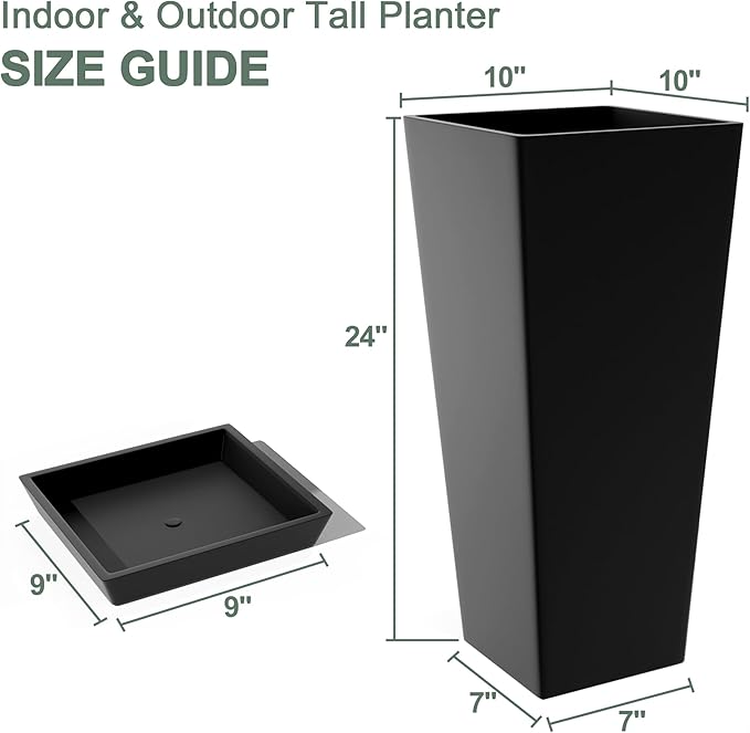 24" Set of 2 Tall Black Planters for Outdoor Plants, Large Flower Pots Planters with Drainage Holes & Tray, Modern Indoor Tapered Planter for Front Porch
