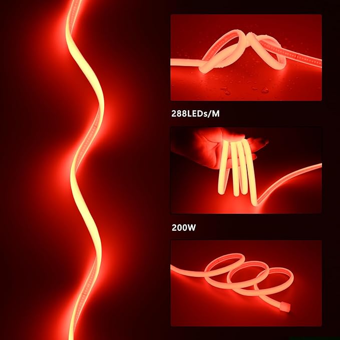 AC 110V COB LED Strip Lights Outdoor Waterproof 65.6ft, Red Super Bright 200W LED Rope Light, IP65 Flexible Cuttable, for Bedroom Garden Commercial House Gaming Room Decor