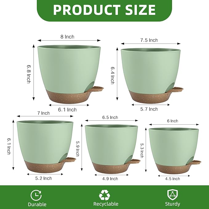 Plant Pots 8/7.5/7/6.5/6 Inch Self Watering Pots,5 Pack Planters with Drainage Holes and Saucers,Plastic Flower Pots,Nursery Planters for Indoor Outdoor Plants (Green)
