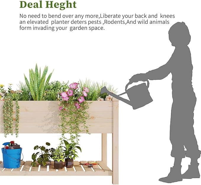 BIRASIL Outdoor Wood Raised Garden Bed, Elevated Reinforced Large Planter Box with Storage Shelf for Vegetable Flower Backyard Patio Gardening Balcony (48”L, Natural Wood)