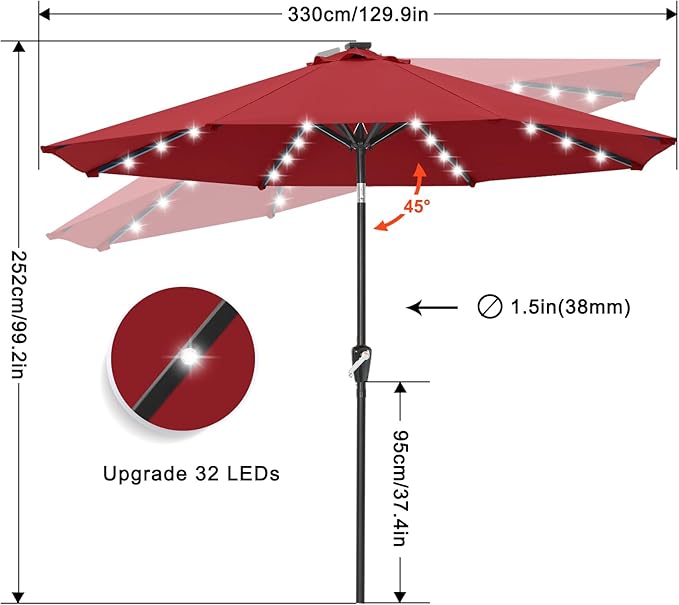 ABCCANOPY Durable Solar Led Patio Umbrellas with 32LED Lights 11FT (Wine Red)