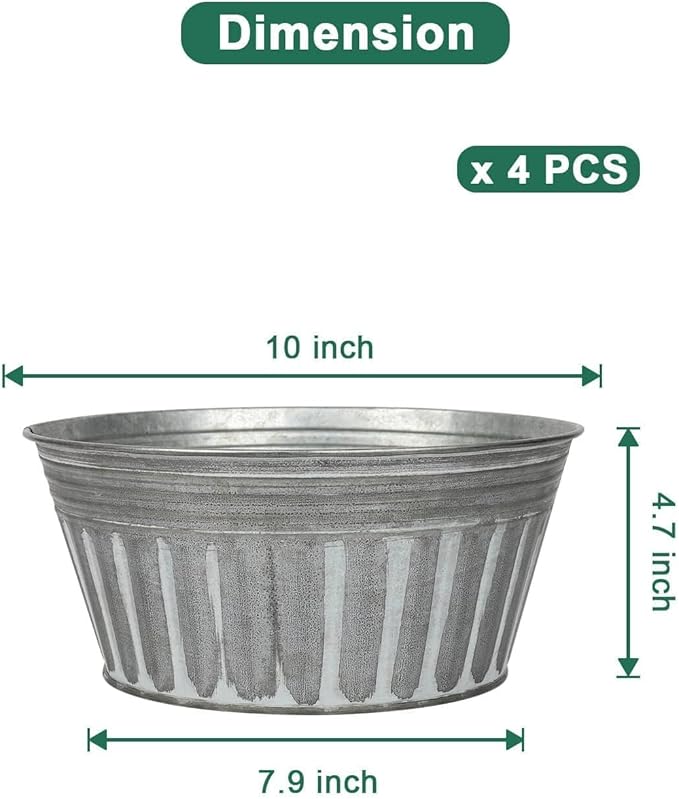 vensovo 10 Inches Silver Metal Rustic Plant Pots - 4 Pcs Large Shallow Galvanized Planters with Drain Hole and Rubber Plug, Rustproof Tin Bucket Succulent Pot Indoor Farmhouse Vintage Style for Decor