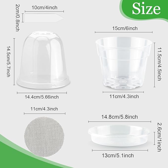 BTPLASTIK 6 Inch Clear Nursery Pots with Humidity Domes 15 Pack, Transparent Plastic Plant Pot with Drainage Holes and Saucers, Seed Starter Pots with 15 Pcs Plant Labels and 15 Pcs Soil Screens