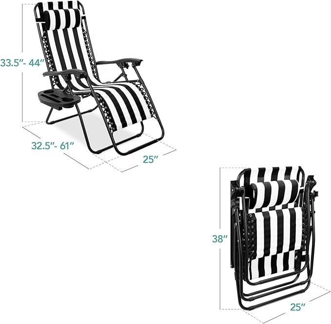Best Choice Products Set of 2 Adjustable Steel Mesh Zero Gravity Lounge Chair Recliners w/Pillows and Cup Holder Trays - Black Striped