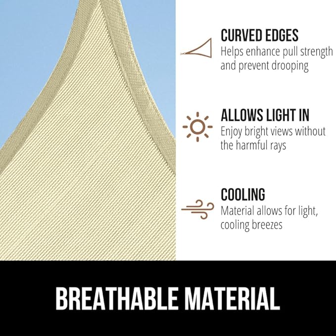 GORILLA GRIP Heavy Duty Sun Shade, UV Protection Fade Tear and Rust Resistant Triangle Sunshade Canopy, Curved Edges Blocks Sunlight, Breathable Sail, Outdoor Patio, Lawn Garden Butter Cream