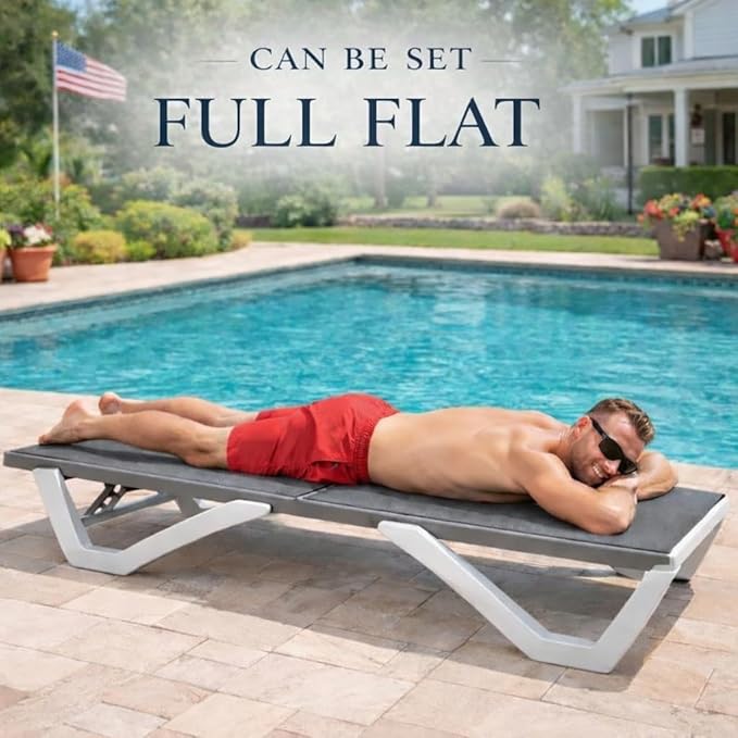Kozyard Outdoor Chaise Lounge Chair, Full Flat Adjustable Patio Lounger with Aluminum Frame & Resin Legs, Textilene Fabric for Poolside, Backyard & Beach (Gray, 2Chairs with Table)