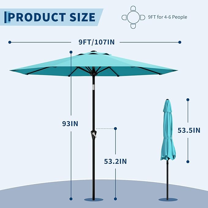 Garvee 9FT Patio Umbrella - Outdoor Table Umbrella with Smooth Crank Lift, Push Button Tilt and 8 Sturdy Ribs - Market Umbrella UV Protection Waterproof for Pool, Deck, Yard, Garden -Sky Blue