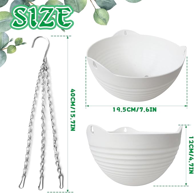 4 Pack 8 inch Plastic Self Watering Hanging Planters,Round Hanging Basket Planter with Drainer and Metal Chain,White Garden Flower Plant Pot Container for Indoor Outdoor Plants