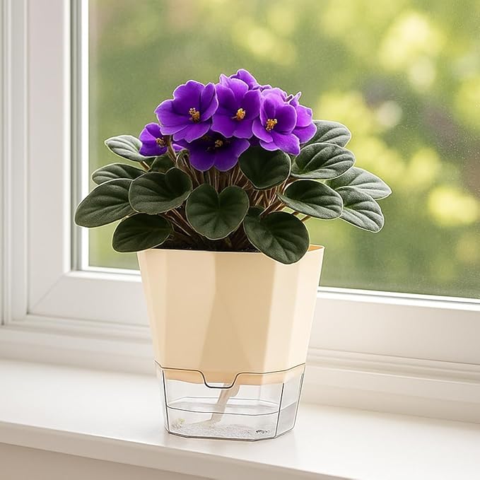 2 Pack Self Watering Pots for Indoor Plants, 8.4" Self Watering Planters Large African Violet Self Watering Clear Pots for Plants Large Herb Orchid Flower Houseplant, Ivory White