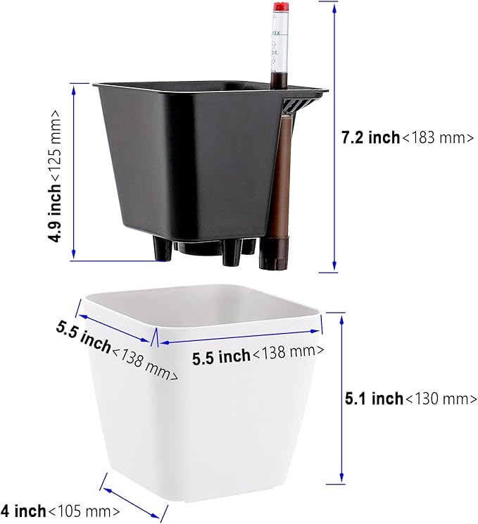 5.5 Inch Self Watering Plastic Planter With Indicator - 6 PCS Square Plant Pots, Decorative Lazy Flower Pot for House Plants, Herbs, Aloe, Succulents