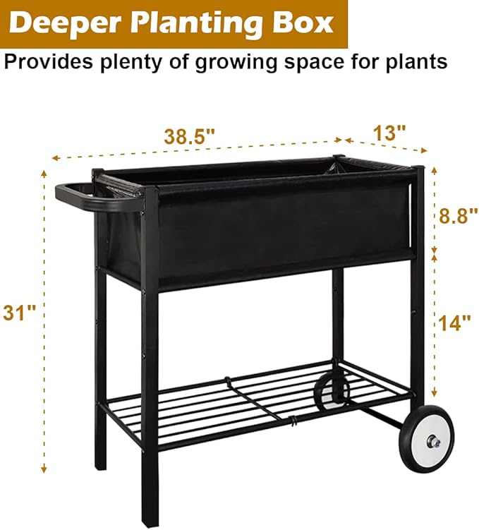 Koutemie Outdoor Raised Planter Bed Box with Legs for Gardening, Elevated DIY Garden Cart on Wheels for Vegetables Flower Tomato Herb Plant, Black