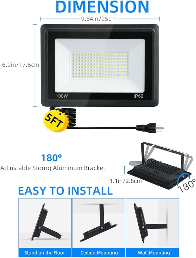 100W LED Flood Lights Outdoor, 2pack 10000lm Bright Led Work Light with Plug, 6500k Daylight White Outdoor LED Lights, IP66 Waterproof Patio Lighting