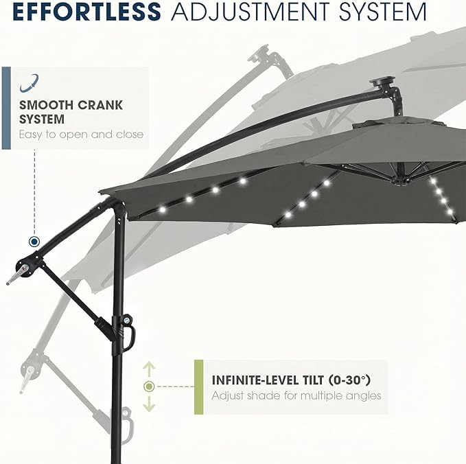 wikiwiki 10ft Solar LED Patio Umbrella with Base Included, Offset Umbrella with Weighted Sandbag Base, Cantilever Patio Umbrella for Backyard, Garden & Deck, 32 LED Lights & Polyester Shade, Dark Gray