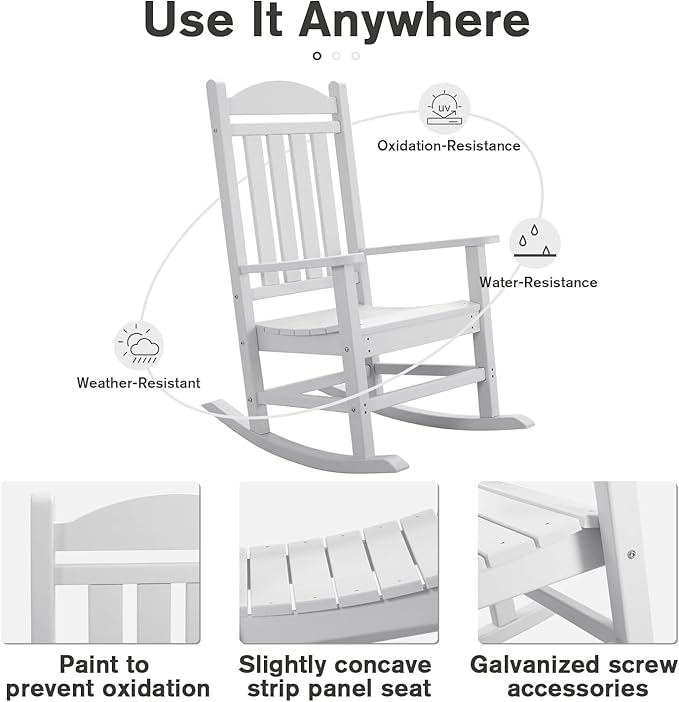 Devoko HDPE Rocking Chair Plastic Outdoor Indoor Patio Rocker Chair High Back All Weather Rocker for Patio Backyard Porch Garden (White)