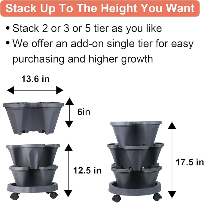 DUNCHATY Stackable Planter, Vertical Garden Planter with Wheels and Tools, Self Watering Strawberry Planter Indoor/Outdoor 3 Tier Herb Planter Pots for Growing Vegetables and Succulents, Dark Gray