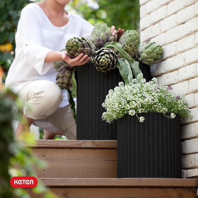 Keter Cylinder Set of 3 Rattan Resin Planter for Indoor and Outdoor Plants Ideal Decorative Planter for Porches and Patio Decor, Black