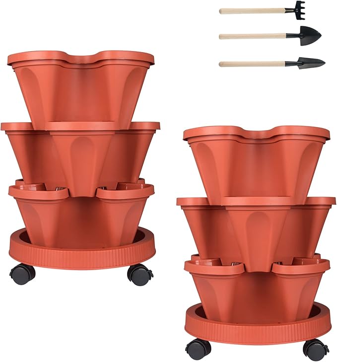 GameXcel Vertical Planter 3 Tier Stackable Planters Garden Planters Strawberry Herb Flower and Vegetable Planter Indoor Outdoor Gardening Pots with Removable Wheels and Tools 2-Pack