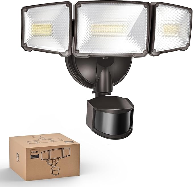 Philips 72W 7400LM LED Security Lights w/PIR Motion Sensor Outdoor, 5000K Daylight Dusk to Dawn Aluminum Flood Light, 3 Adjustable Heads, Waterproof for Garage, Yard, Porch