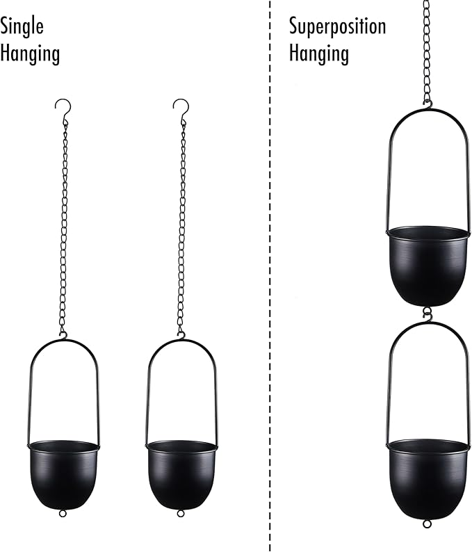 Stackable Metal Hanging Planters, Set of 2 Black Oval Plant Hangers with 6 inch Flower Pots, Modern Wall and Ceiling Plant Holders for Indoor Outdoor Plants Home Décor