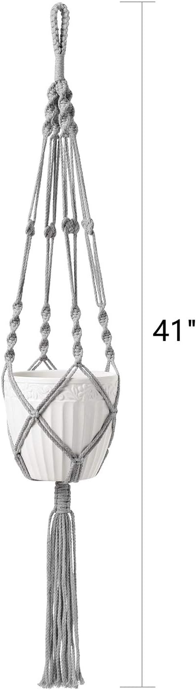Mkono Macrame Plant Hangers Indoor Outdoor Hanging Planter Basket Cotton Rope 4 Legs 41 Inch, 1 Pack, Grey