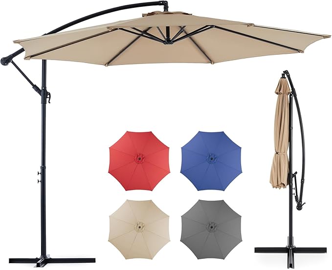 OLIXIS Offset Patio Umbrella, 9.7FT Cantilever Table Umbrellas for Outdoor Sun Shade UV Protection with Easy Tilt Adjustment, 8 Ribs for Backyard, Lawn, Garden, Pool - Khaki