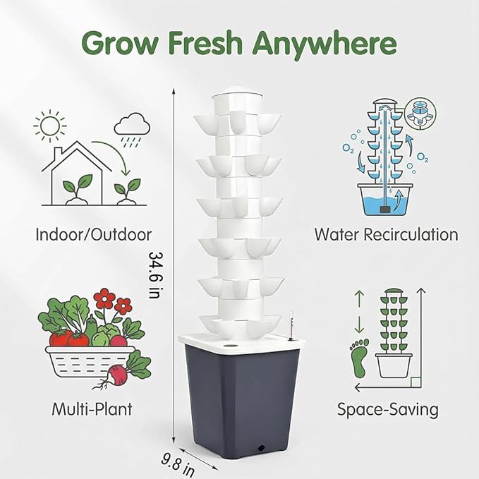 Vertical Hydroponic Tower Garden Growing System - Indoor Planter Kit with 30 Pods, Aeroponic-Style Tower for Herbs, Vegetables, Lettuce & Strawberries, Home Countertop Grow System, Gray