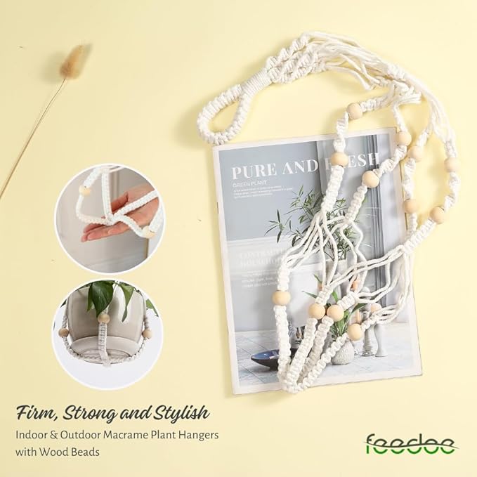 feedee Macrame Plant Hanger, Hanging Planters for Indoor Plants Holder with Wood Beads, Hanging Plant Holder for Indoor Outdoor, Gifts for Plant Lovers, Boho Home Decor Plant Hanger, Ivory