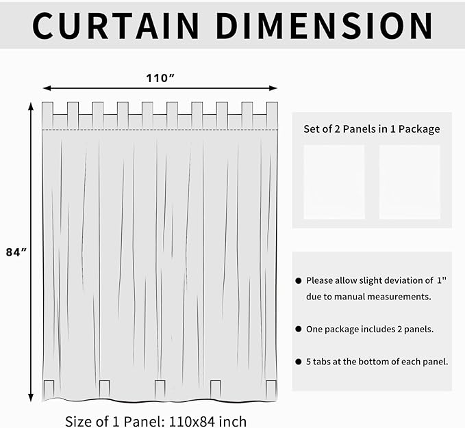 Easy-Going Outdoor Patio Curtains Detachable Tab Top Windproof Weatherproof Curtain for Cabana, Porch, Pergola and Gazebo, Tab Bottom Drape, 2 Panels, 110W x 84L inch, White