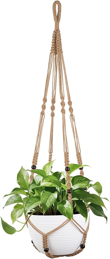 Mkono 43 Inch Macrame Plant Hanger Large for up to 12 Inch Pot Extra Long Hanging Plant Holder No Tassels Hanging Planter Basket with Wood Beads for Indoor Outdoor Home Decor, Brown
