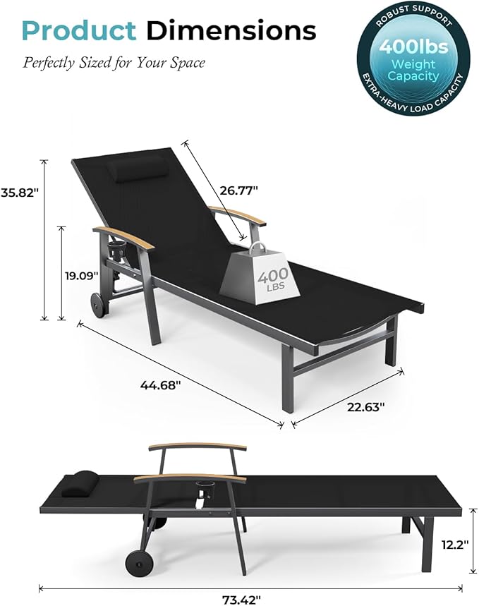 Ciokea Outdoor Lounge Chair with Pillow, 5-Position Aluminum Chaise Lounge with Wheels & Armrests, 400 lbs Heavy Duty Patio Pool Chair for Deck, Backyard, Beach & Poolside, Black