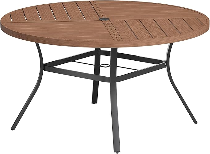 VICLLAX Round Patio Table with Adjustable Umbrella Hole for 8, All Weather Metal Outdoor Dining Table for Lawn Garden, 53.1" Outdoor Coffee Table, Walnut Wood-Like Tabletop