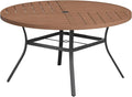 VICLLAX Round Patio Table with Adjustable Umbrella Hole for 8, All Weather Metal Outdoor Dining Table for Lawn Garden, 53.1" Outdoor Coffee Table, Walnut Wood-Like Tabletop