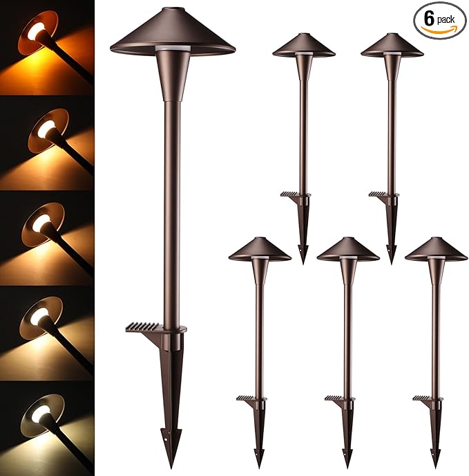 LEONLITE Update 5CCT Low Voltage Pathway Lights, LED Landscape Path Lights, 1800/2700/3000/4000/5000K, Flat Cone Head, 12-24V AC/DC, IP65 Outdoor Walkway Light, Oil Rubbed Bronze Aluminum, Pack of 6
