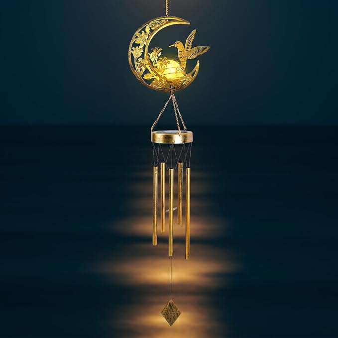 Moon Hummingbird Wind Chime Outdoor, Handcrafted Metal Garden Wind Chimes with Hummingbird Charms, Melodic Wind Bells for Patio Porch Decor, Weatherproof Gift for Nature Lovers & Bird Watchers