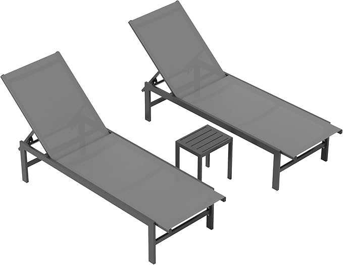 Outdoor Lounge Chairs Set of 3, Aluminum Chaise Lounge Chairs with 5-Position Recliner, Patio Lounge Chair for Backyard, Poolside, Deck, Lawn (Darkgray)
