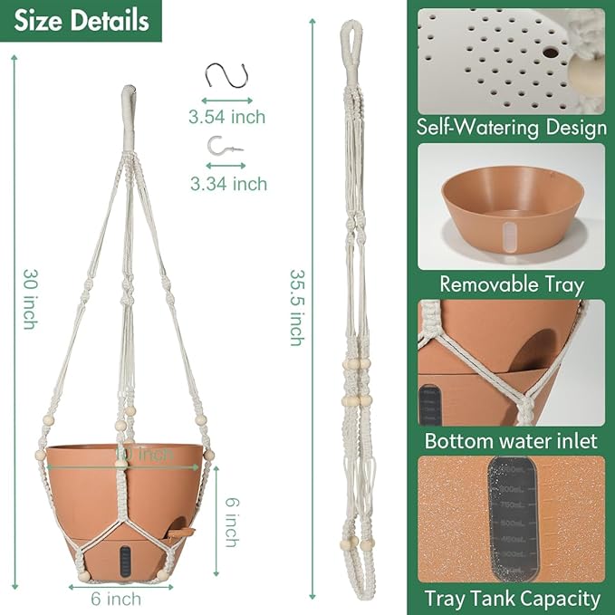 Self-Watering Hanging Planters for Indoor Plants Set 2-Piece Includes Plant Hanging Pot, Drainage-Hole Hanging Pot, and Hanging Basket Rack (Terracotta,10 Inches)