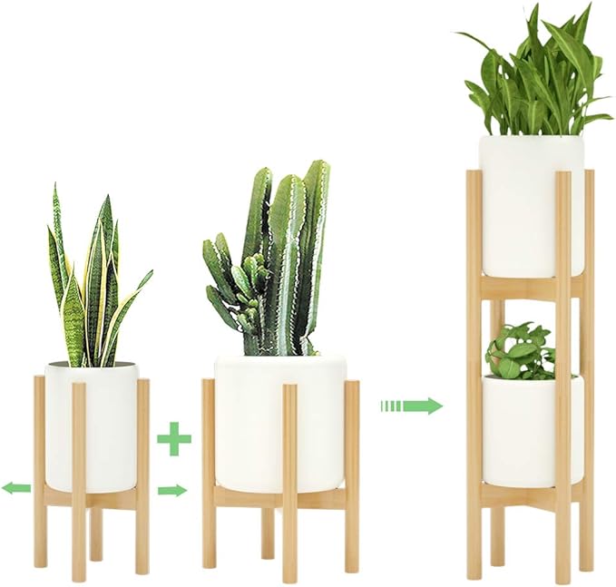 MUDEELA 2 Pack Indoor Plant Stands, 2 Tier Tall Plant Stand 30 inches, Mid Century Bamboo Plant Stand, Adjustable Width 8 - 12 inches, Fits Pot Size of 8 9 10 11 12 inches Pot & Plant Not Included, Natural