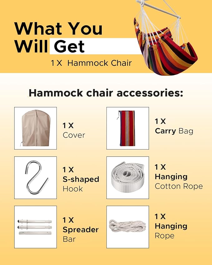 Miztli Hammock Chair with Hanging Chair Cover – Max 500 Lbs, Steel Spreader Bar with Anti-Slip Rings, Comfortable Indoor & Outdoor Hanging Chair – Includes Protective Waterproof Cover (57x45.5 in)