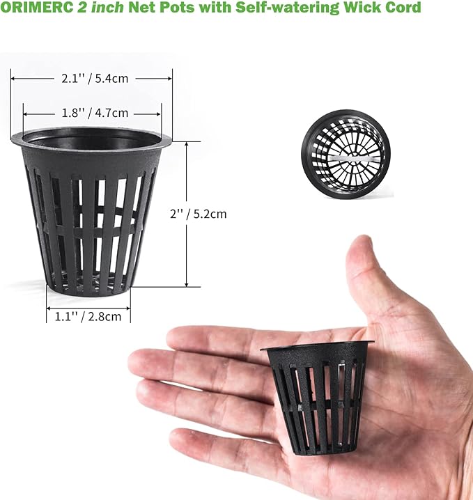 ORIMERC 2 inch Net Cups Pots 30 Pack with 30 feet Self Watering Wick & 30 Plant Labels for Hydroponics Aquaponics Planter Indoor Outdoor Growing Baskets Slotted Mesh UV Resistant & BPA Free