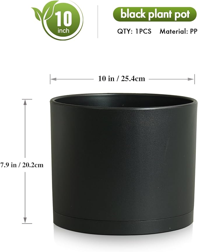 10 Inch Round Plastic Plant Pot with Drainage Holes and Saucer, Wide Flower Pots for Indoor & Outdoor Plants– 7.9" Tall Modern Cylinder Planter Pot for House Plants and Home Decorative, Matte Black
