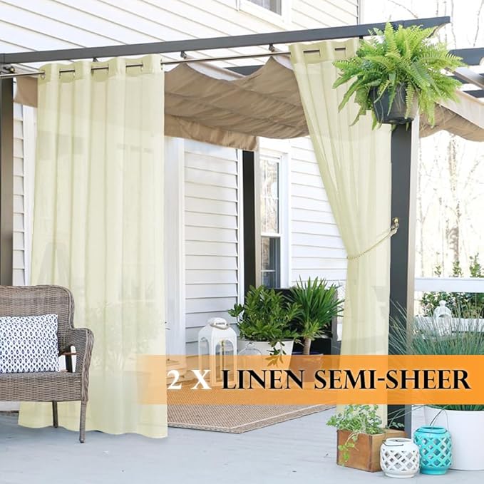 RYB HOME Sheer Curtains Outdoor - Linen Look Translucent Drapes Waterproof, Light Filtering Quick Dry Sheers for Exterior Patio Porch Wedding, 54" Wide by 96" Long, 2 Panels, Light Beige