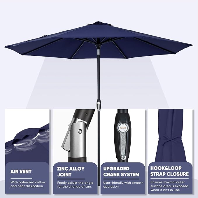 Tempera Patio Market Outdoor Table Umbrella with Auto Tilt and Crank, Large Sun Umbrella with Sturdy Pole & Fade Resistant Canopy, Easy to Set