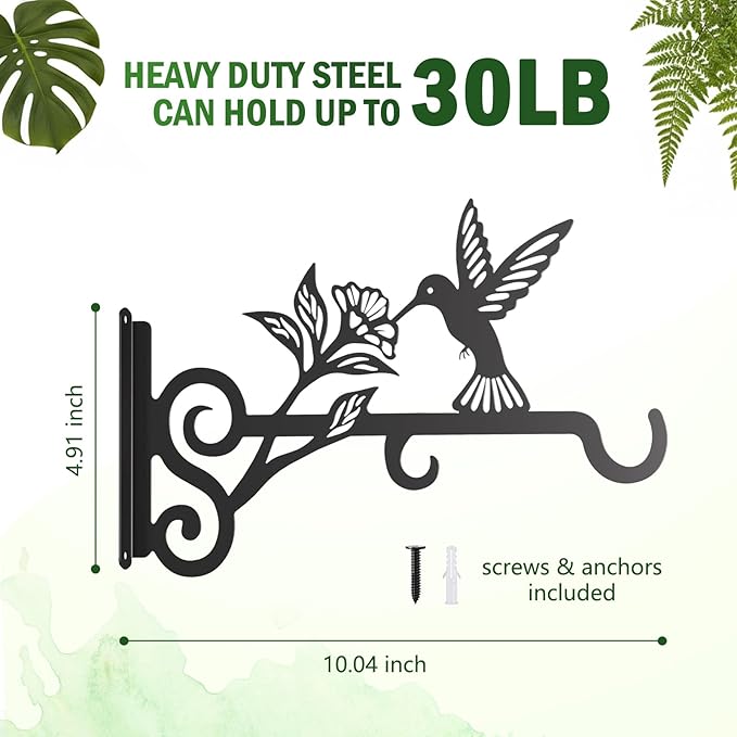 4-Pack Aesthetic Plant Hangers Outdoor – 10 Inch Metal Hanging Plant Bracket with Beautiful Hummingbird Pattern – Anti Rust Plant Hooks for Hanging Plants, Bird Feeder, Windchime, Lantern