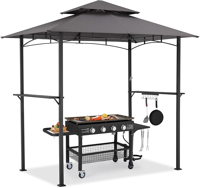 AECOJOY 8' x 5' Outdoor Grill Gazebo Canopy, BBQ Canopy for Outdoor Grill, 2- Tier BBQ Gazebo Shelter for Patio, Backyard and More (Grey)